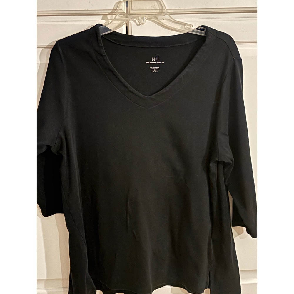 J. Jill Pima Cotton 3/4 Sleeve V-Neck Top Black 1X Womens